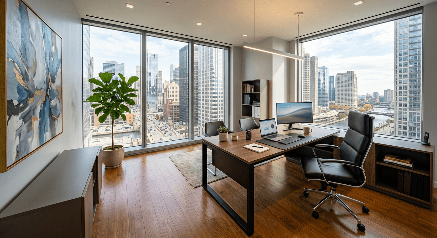 Private office with modern desk and bookshelf, ready to be booked
