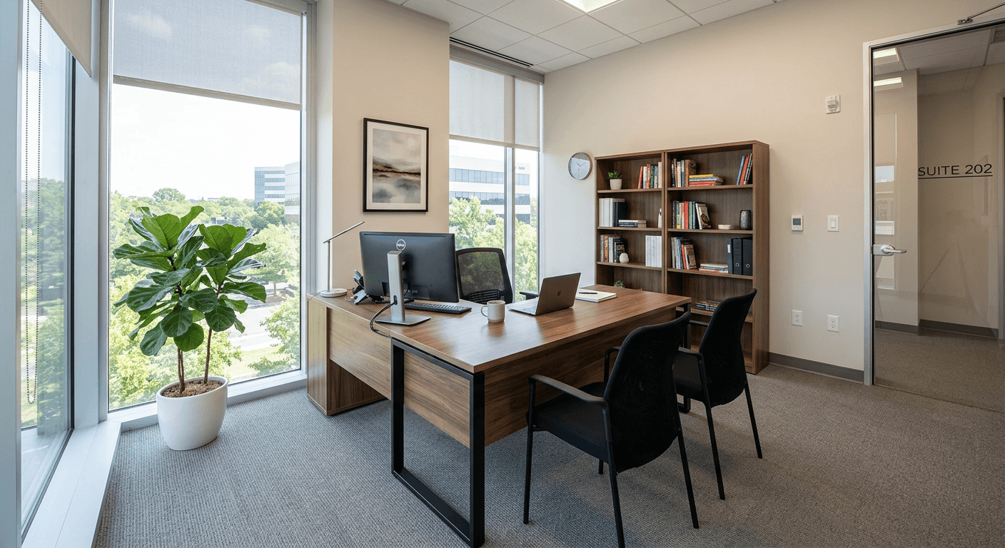 Corner office with city skyline view and a contemporary desk setup