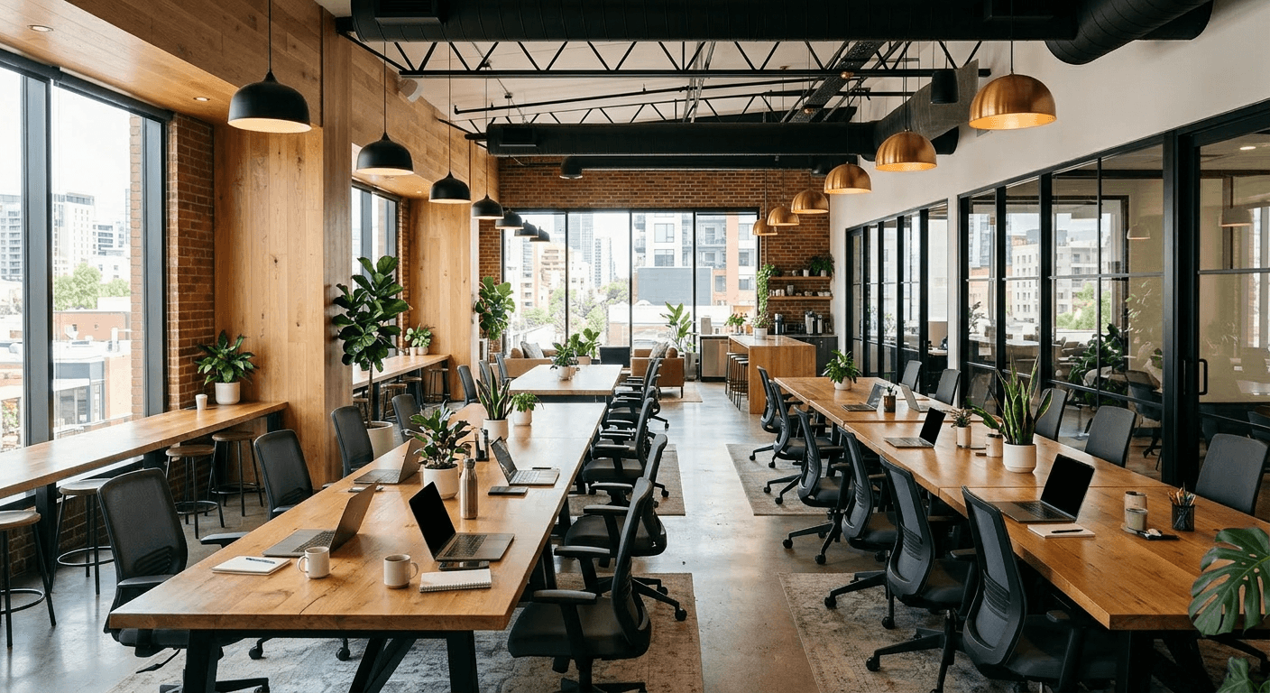 Meeting room with a long walnut table, mounted display, and city view