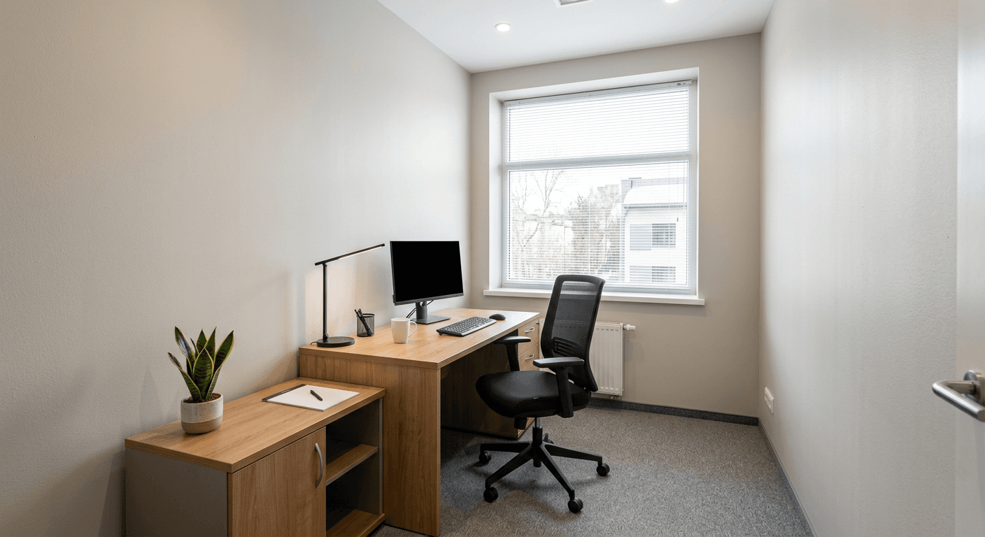 Open coworking space with industrial brick, long communal tables, and natural light